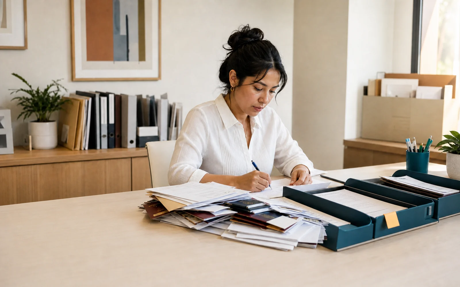 A paralegal reviewing immigration case documents across organised intake trays in a bright office