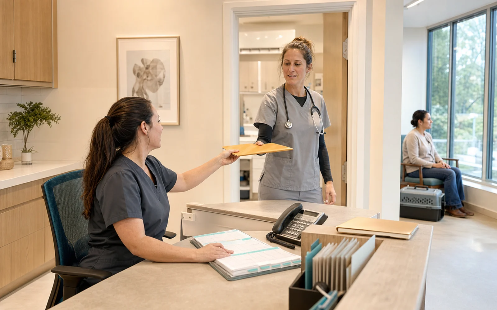 A veterinary receptionist managing appointments while a clinician receives an escalated question