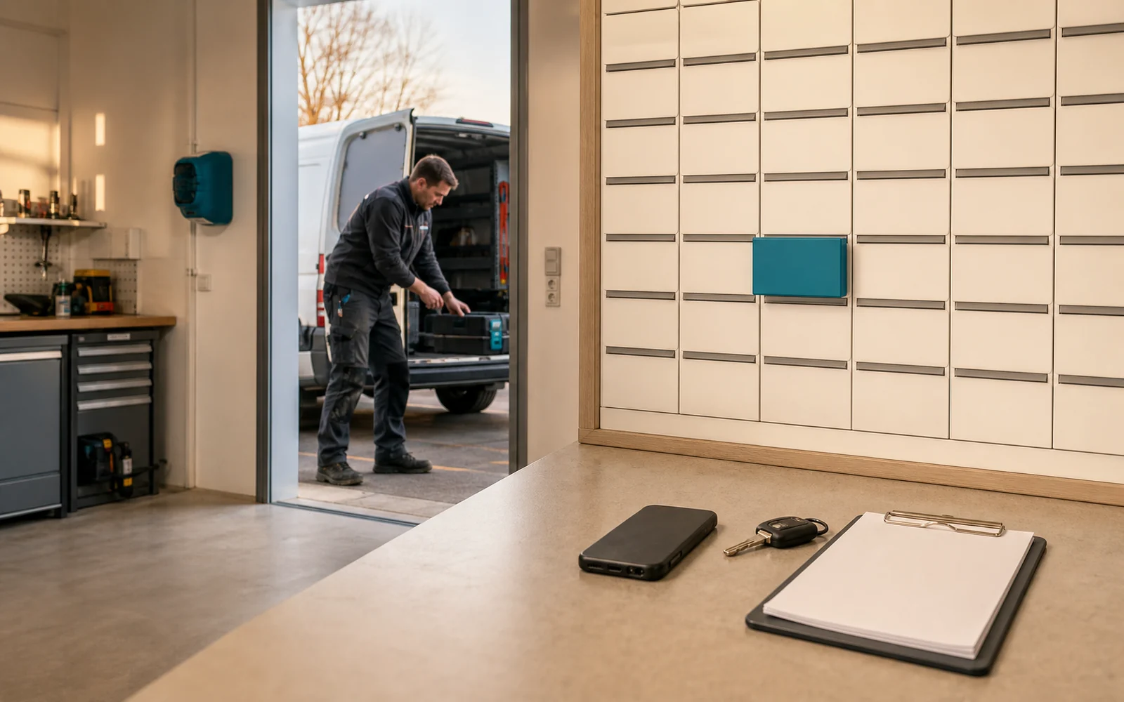 A technician loading a service van while an office phone and physical booking planner sit unattended