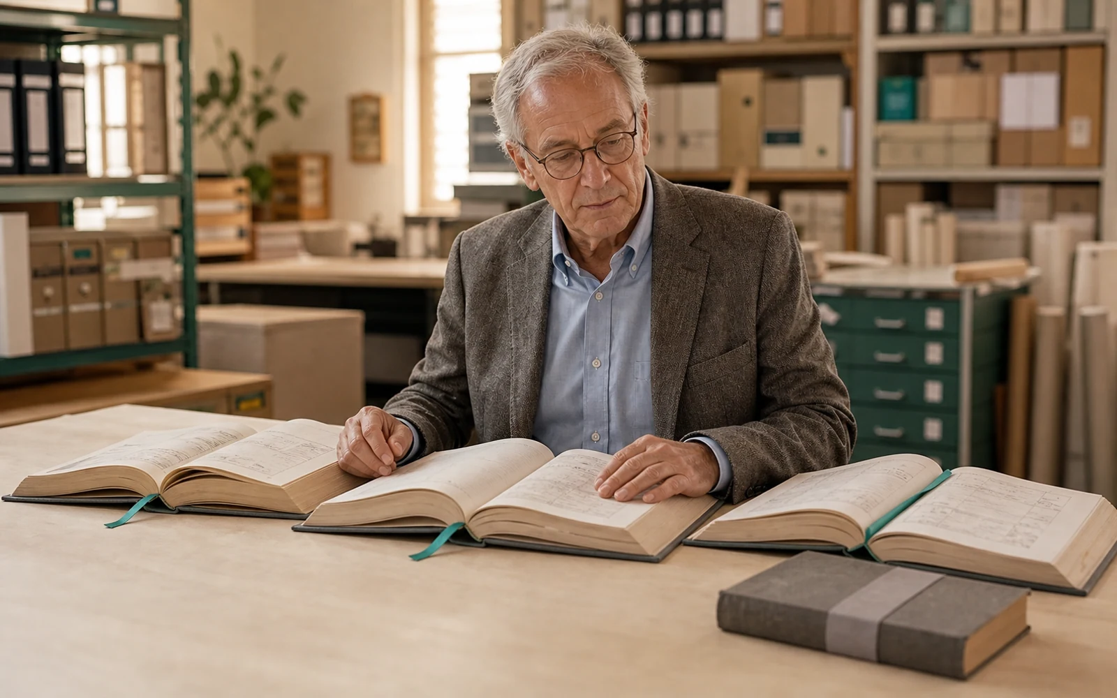 A senior operations expert curating approved manuals at a library-style worktable