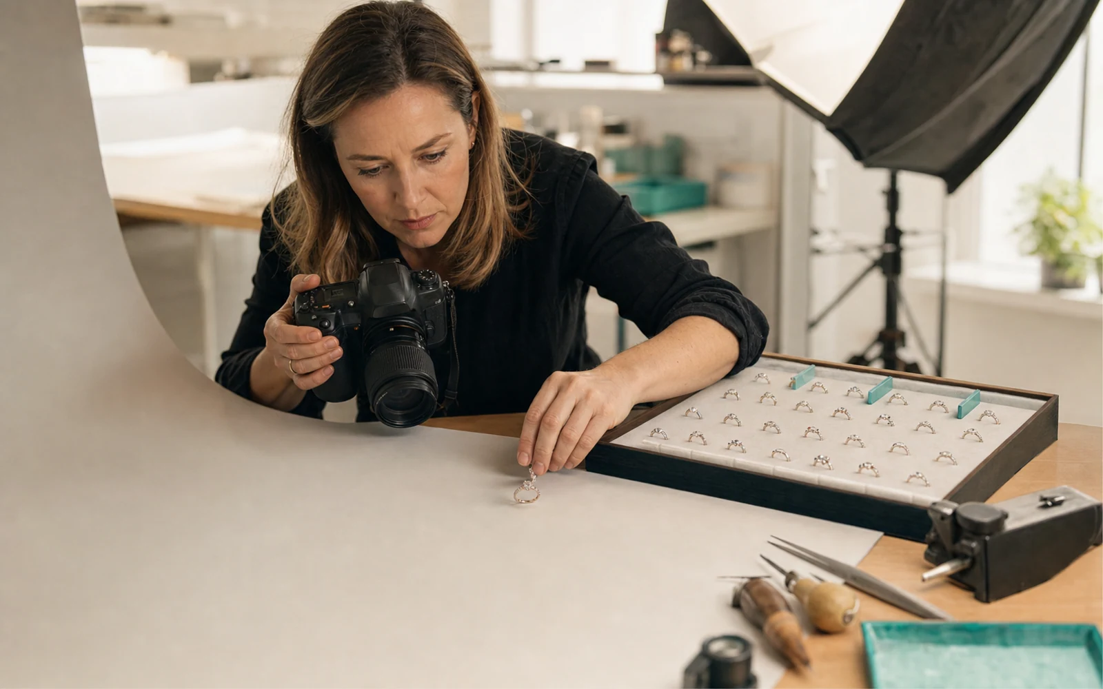 A jewellery product photographer creating consistent catalogue images at a professional studio bench