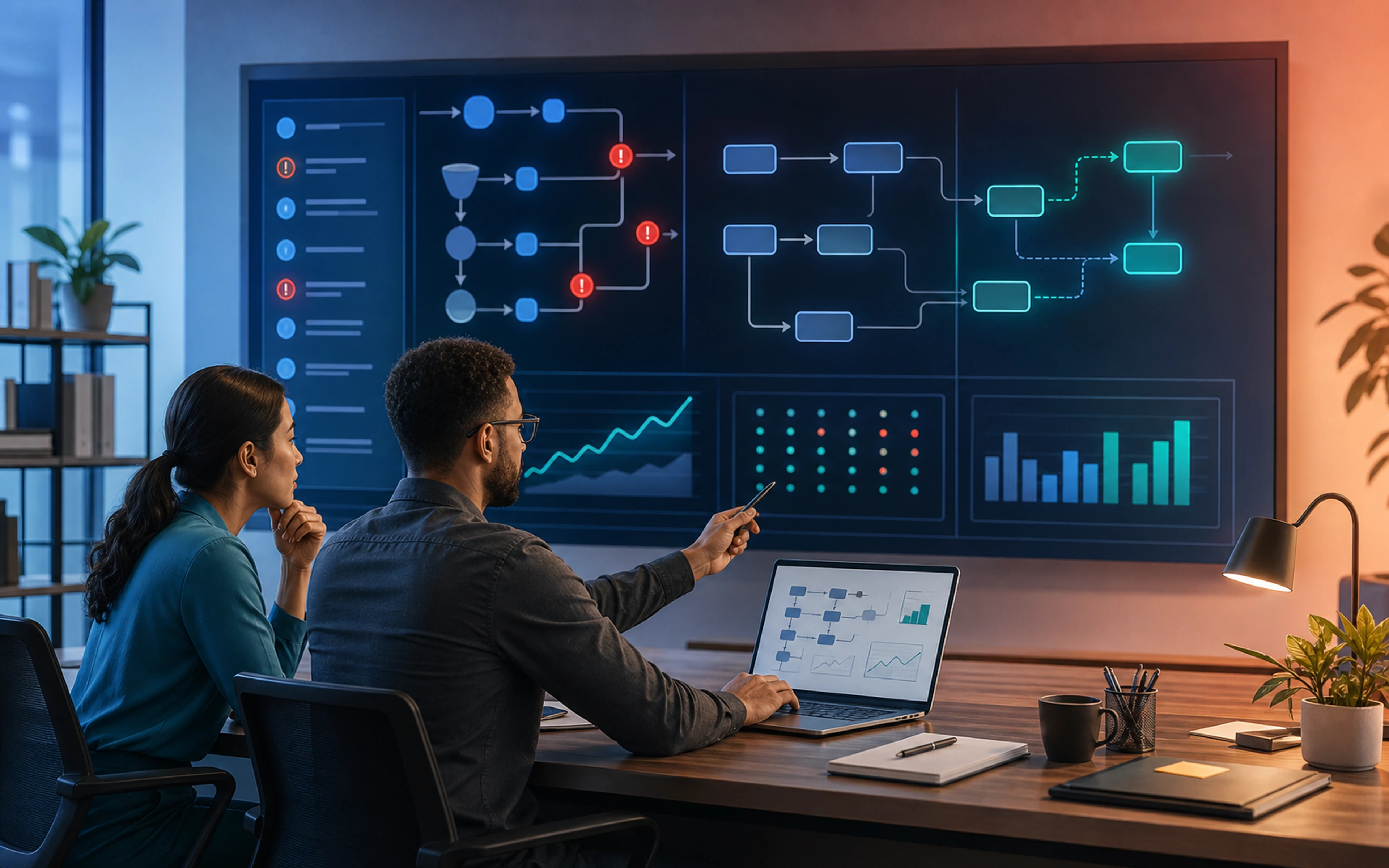 Two operations specialists review workflow exceptions, improvements, reporting, and a safe expansion path